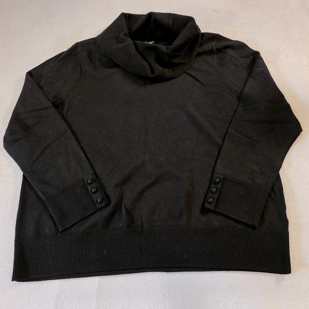 Talbots Plus Petite Black 100% Merino Wool Cowl Neck Button Cuff Sweater 2XP